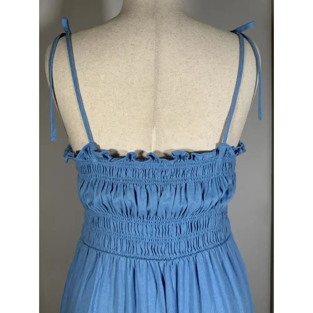 Blue Smocked Midi Dress Faux Button Front Linen Blend Boho Coastal Minimalist XL - Picture 10 of 15